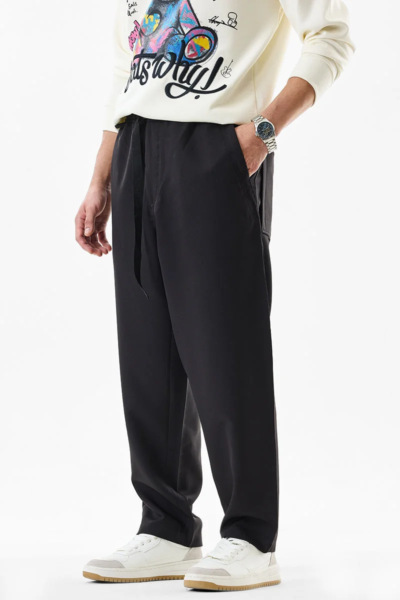 SNITCH Black Solid Relaxed Casual Trousers