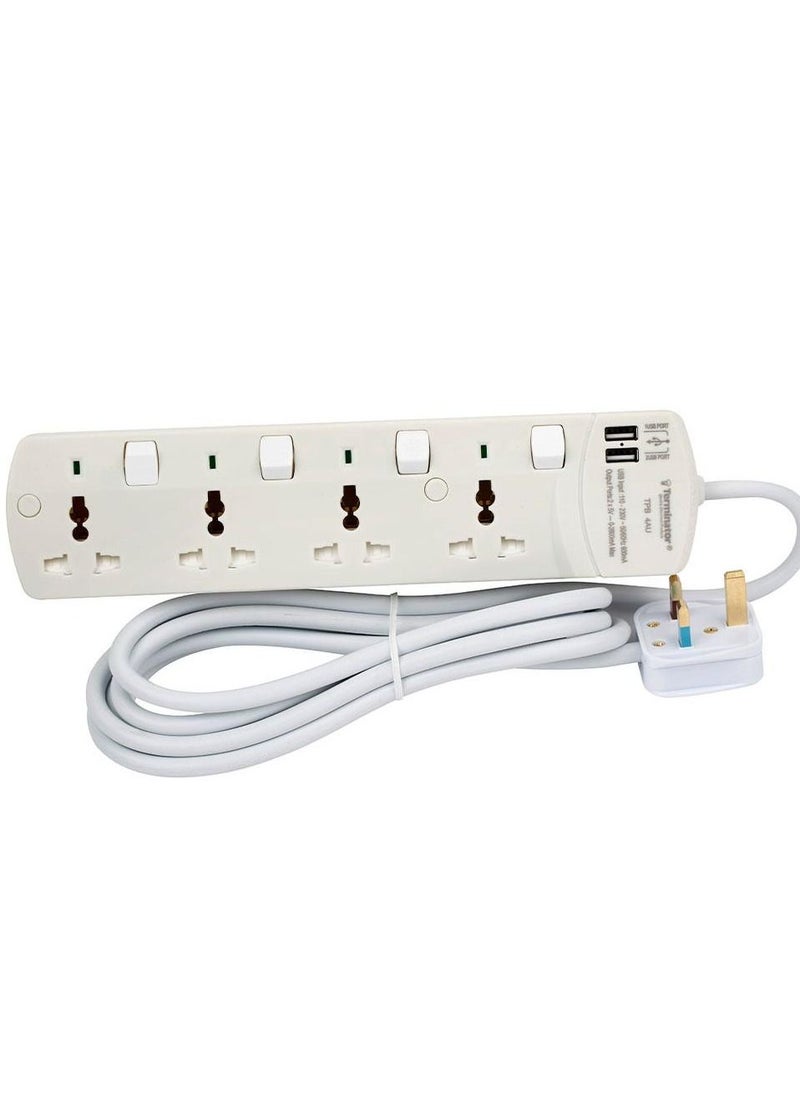 Terminator - 4 Way Universal Power Extension Socket With 2 USB - Image 1