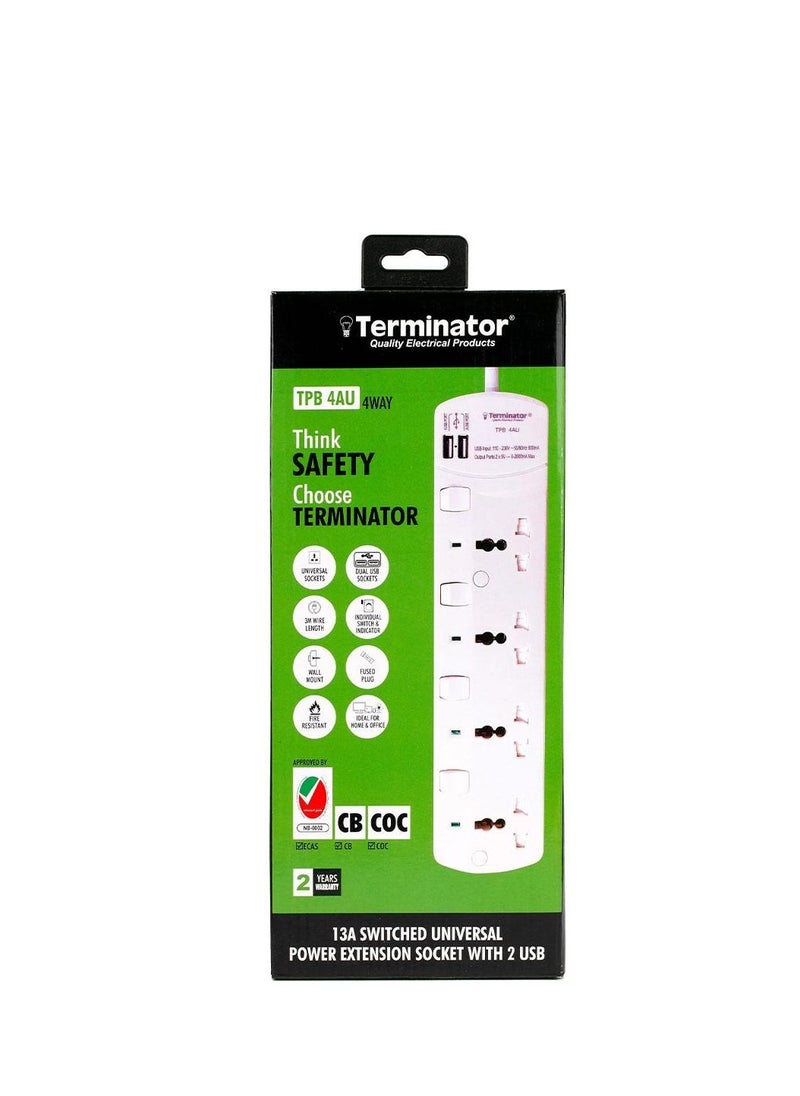Terminator - 4 Way Universal Power Extension Socket With 2 USB - Image 1