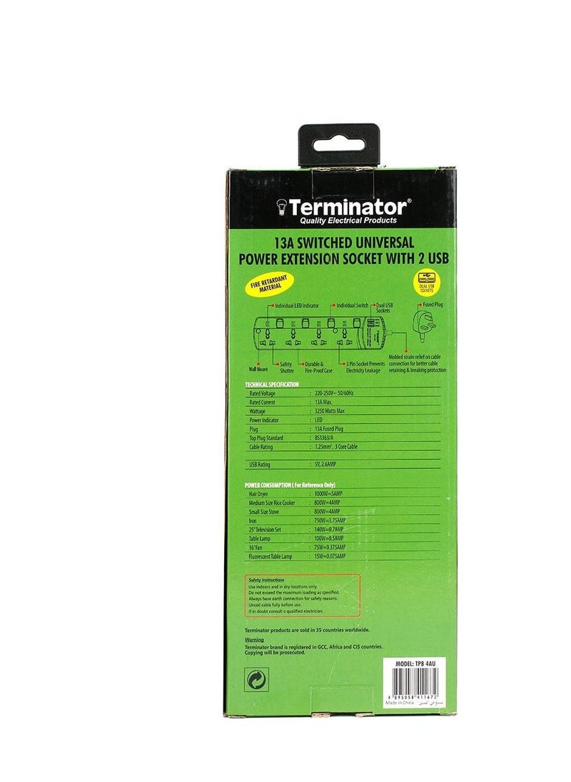 Terminator - 4 Way Universal Power Extension Socket With 2 USB - Image 1