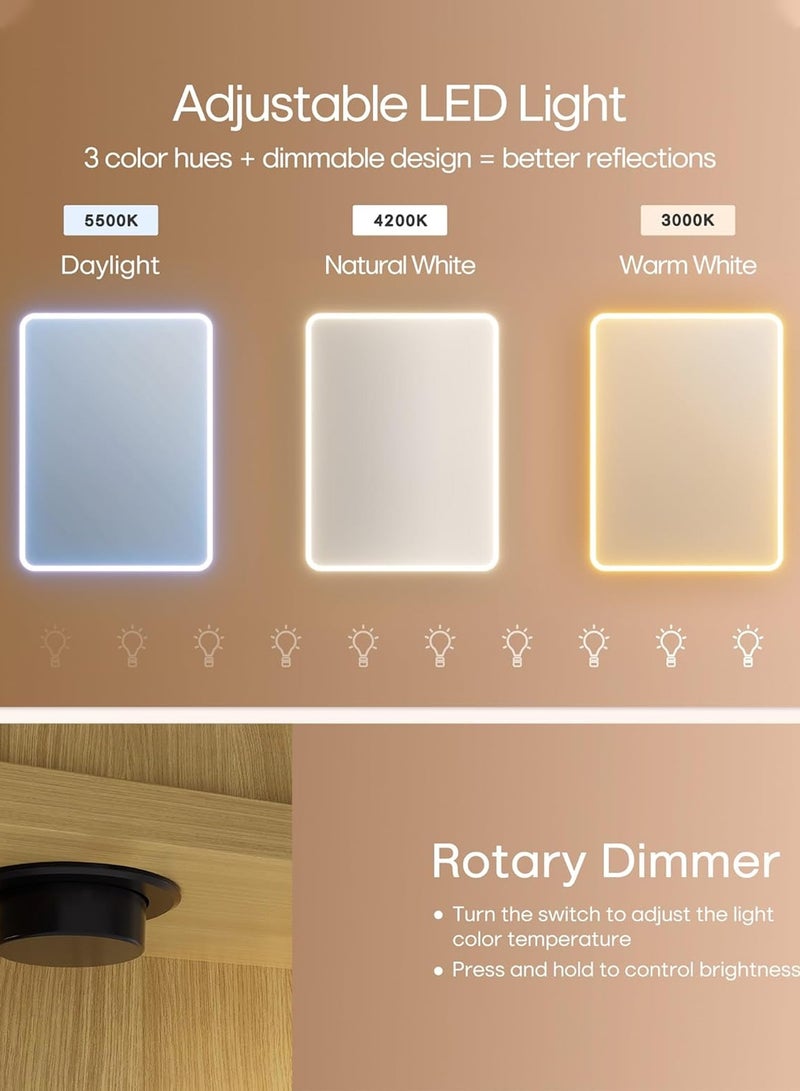 تايمي مرآة حائط 60×40 سم - مرآة بتصميم أنيق مع 3 مستويات إضاءة جانبية - مرآة مكياج لغرفة الملابس وغرفة المعيشة والكونسول والمدخل - Image 5