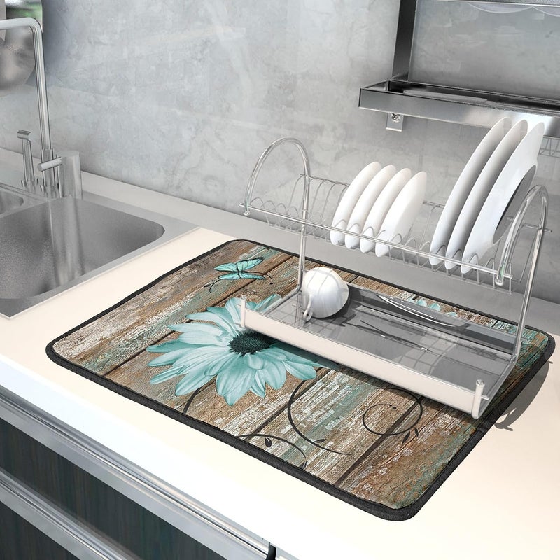 Giwawa Rustic Daisy Dish Drying Mat for Kitchen Countertop 18x24 inch Fall Teal Sunflowers on Wooden Board Dish Drainer Mats Fast Drying Country Vintage Style Shabby Chic Flower Dish Drying Pad Decor Large - Image 5