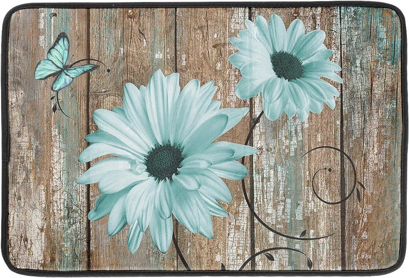 Giwawa Rustic Daisy Dish Drying Mat for Kitchen Countertop 18x24 inch Fall Teal Sunflowers on Wooden Board Dish Drainer Mats Fast Drying Country Vintage Style Shabby Chic Flower Dish Drying Pad Decor Large - Image 1