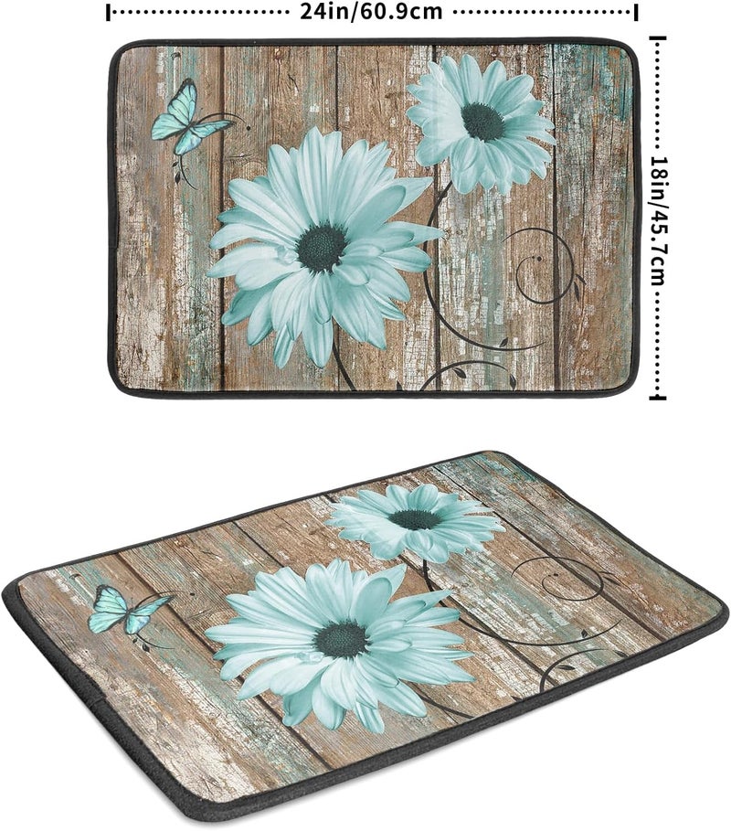 Giwawa Rustic Daisy Dish Drying Mat for Kitchen Countertop 18x24 inch Fall Teal Sunflowers on Wooden Board Dish Drainer Mats Fast Drying Country Vintage Style Shabby Chic Flower Dish Drying Pad Decor Large - Image 2