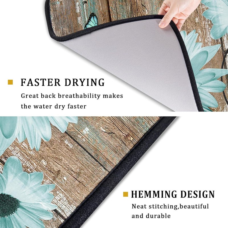 Giwawa Rustic Daisy Dish Drying Mat for Kitchen Countertop 18x24 inch Fall Teal Sunflowers on Wooden Board Dish Drainer Mats Fast Drying Country Vintage Style Shabby Chic Flower Dish Drying Pad Decor Large - Image 3