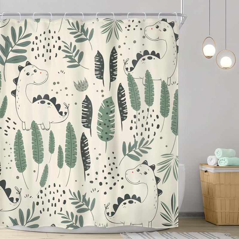 Riyidecor Kids Funny Dinosaur Shower Curtain 72Wx72H Inch Green Cute Dino Cartoon Animals Tropical Leaves Plant Beige Lovely Bathroom Decor Fabric Polyester Waterproof 12 Pack Hooks - Image 2