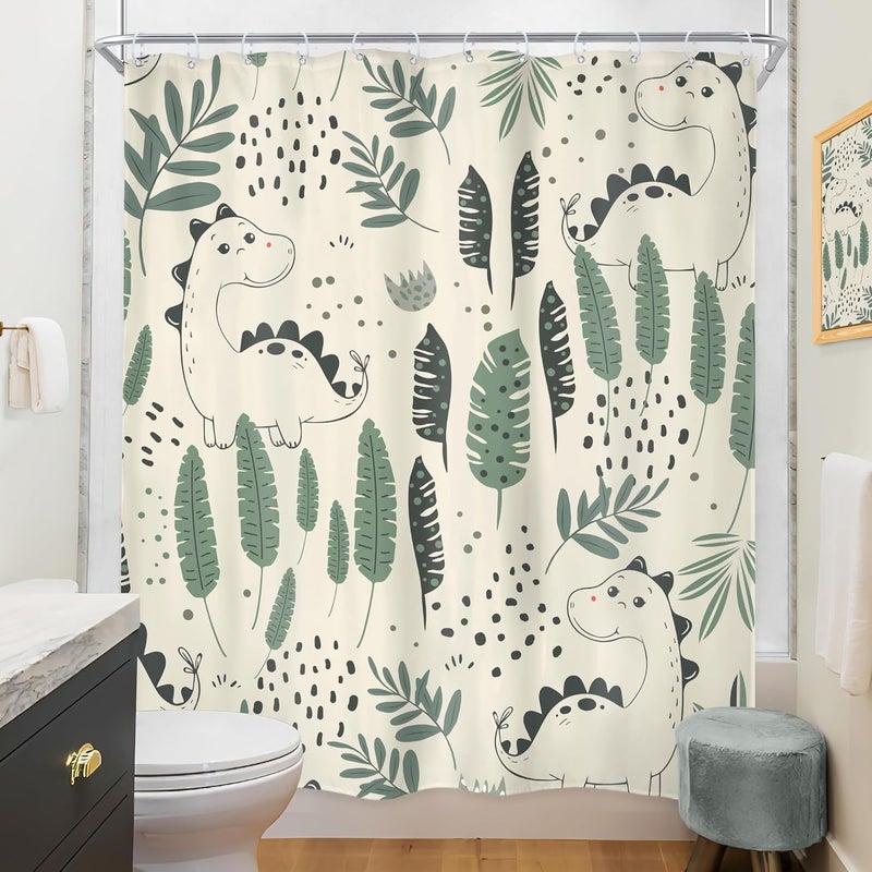 Riyidecor Kids Funny Dinosaur Shower Curtain 72Wx72H Inch Green Cute Dino Cartoon Animals Tropical Leaves Plant Beige Lovely Bathroom Decor Fabric Polyester Waterproof 12 Pack Hooks - Image 4