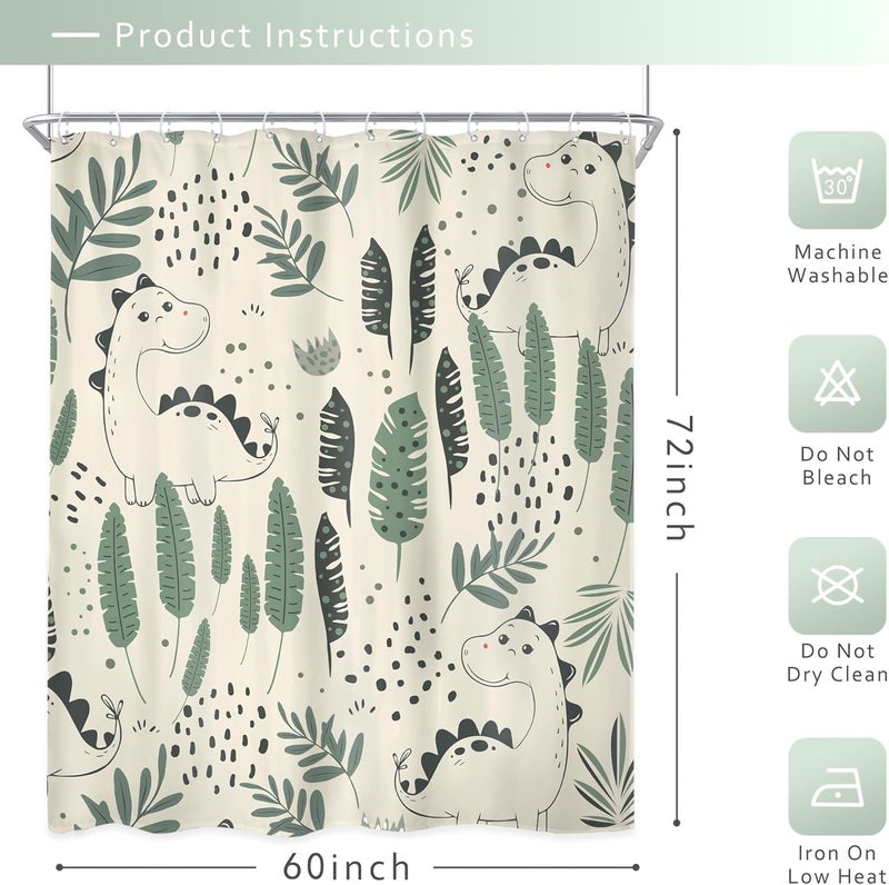 Riyidecor Kids Funny Dinosaur Shower Curtain 72Wx72H Inch Green Cute Dino Cartoon Animals Tropical Leaves Plant Beige Lovely Bathroom Decor Fabric Polyester Waterproof 12 Pack Hooks - Image 5