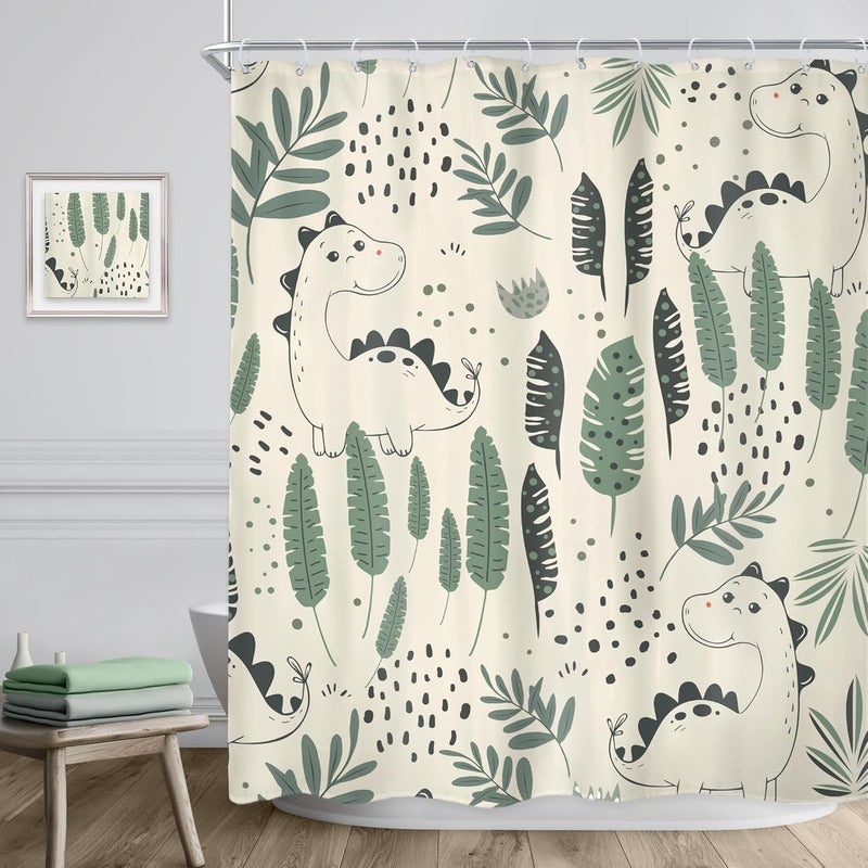 Riyidecor Kids Funny Dinosaur Shower Curtain 72Wx72H Inch Green Cute Dino Cartoon Animals Tropical Leaves Plant Beige Lovely Bathroom Decor Fabric Polyester Waterproof 12 Pack Hooks - Image 3
