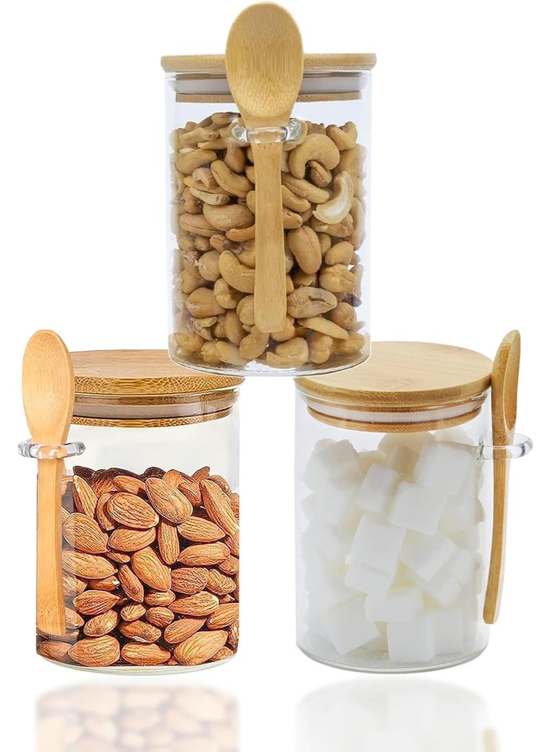 برطمانات زجاجية مع أغطية الخيزران وملعقة حاويات سعة 539 جرام بغطاء خيزران محكم الإغلاق وملاعق لحمل الحلوى وحبوب القهوة والسكر والتوابل والمكسرات وأوراق الشاي 600 مل مجموعة 3 - Image 1