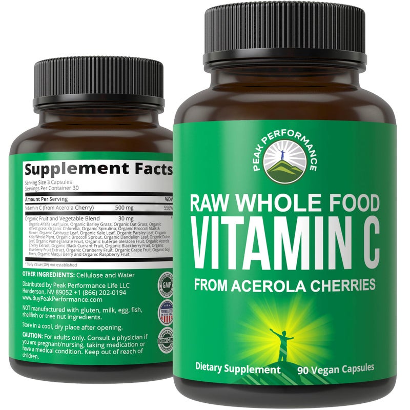 Peak Performance Raw Whole Food Natural Vitamin C Capsules from Acerola Cherry for Max Absorption Vegan USA Sourced Vitamin C Supplement 90 Pills 500 mg Serving or 2 Servings 1000mg