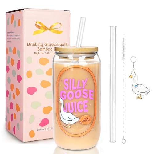 Mason Life Coquette Pink Glass Cup with Lid and Straw 18 OZ Cute Glass Cup Silly Goose Iced Coffee Cups Glass Tumbler Valentines Day Gift for Smoothie, Cocktail, Matcha Girls Trendy Preppy Stuff - Image 1