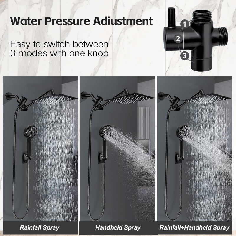 Yurnomy Shower Head, 8 inch Multifunction High Pressure Rain Shower Head with Handheld Spray Combo with 11'' Angle Adjustable Extension Arm/Flow Regulator/Shower System Matte Black - Image 3