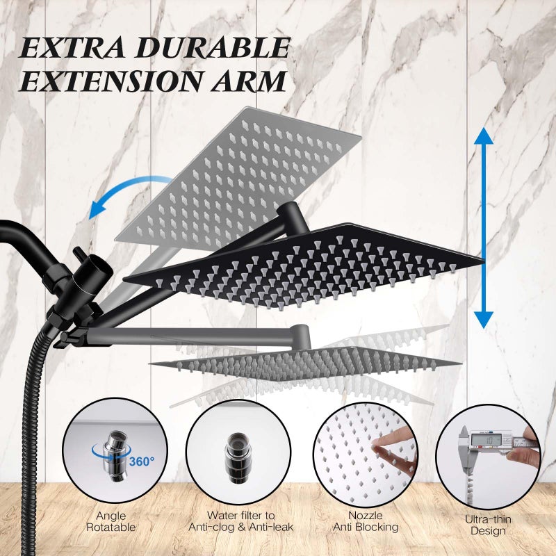 Yurnomy Shower Head, 8 inch Multifunction High Pressure Rain Shower Head with Handheld Spray Combo with 11'' Angle Adjustable Extension Arm/Flow Regulator/Shower System Matte Black - Image 5