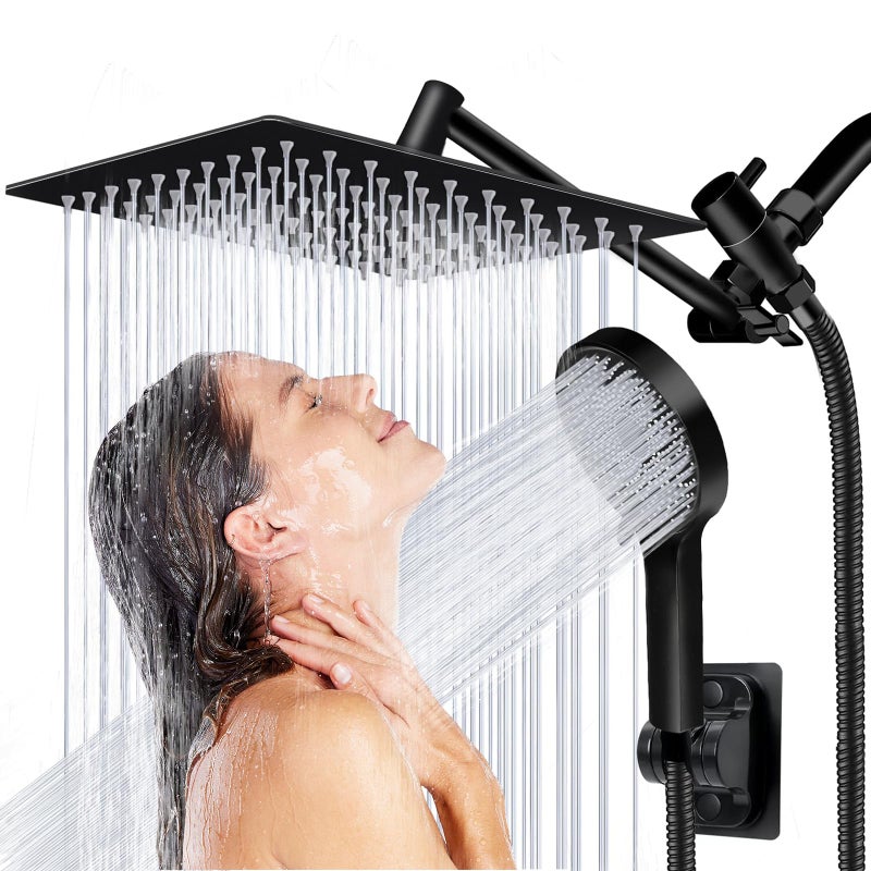 Yurnomy Shower Head, 8 inch Multifunction High Pressure Rain Shower Head with Handheld Spray Combo with 11'' Angle Adjustable Extension Arm/Flow Regulator/Shower System Matte Black - Image 1