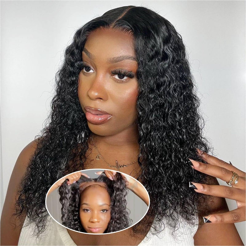 Ailwelia Curly Bob Wig Human Hair Deep Wave 200 Density 5x5 HD Lace Closure Wigs Human Hair Bob Wigs For Black Women Wear And Go Glueless Curly Wig Black Color 16 Inch