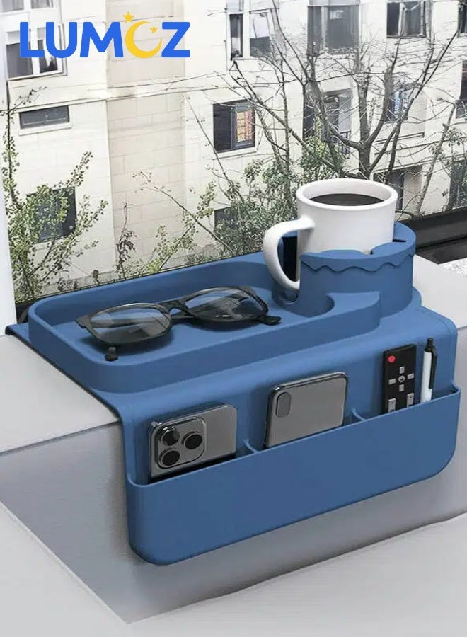 LUMOZ Cup Holder for Couch Arm Tray - Silicone Couch Armrest Cup Holder with Two Sides Pockets for Holding Drinks, Remote, Tablet, Phones Anti-Slip Sofa Cup Holder for Recliner(Blue, Sofa Armrest Min 5.7in) - Image 1