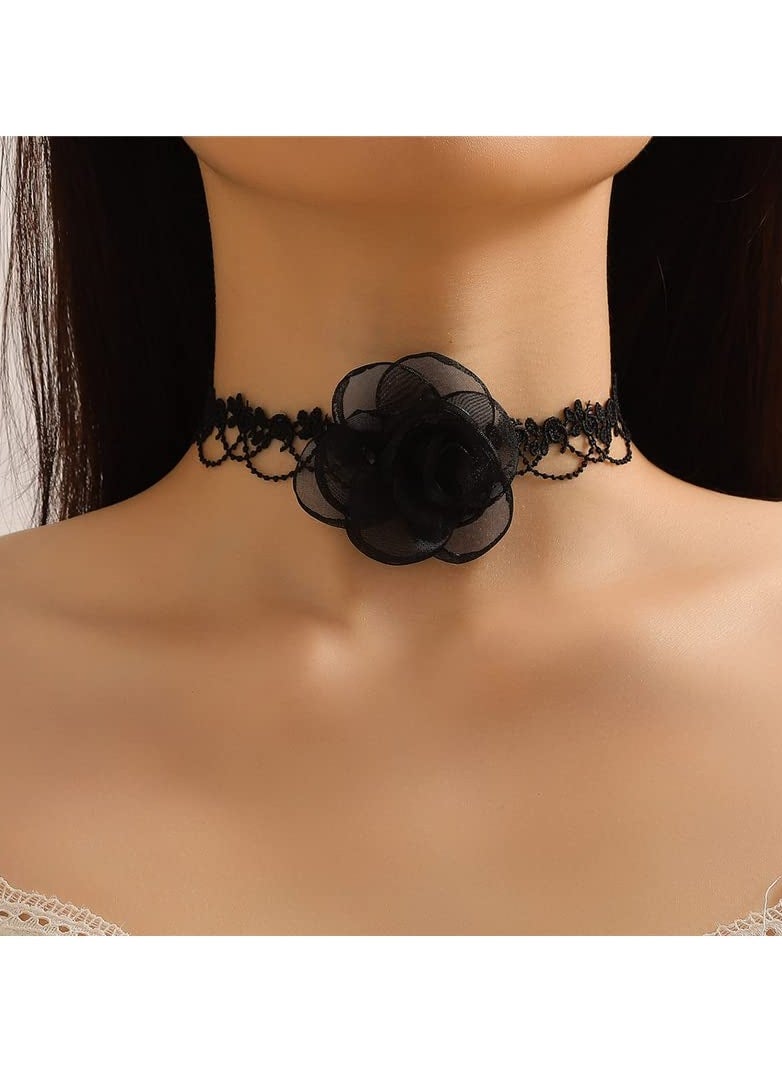 SYOSI Black Choker Necklace Camellia Flower Lace-up Necklace For Women Girls Lace Velvet Collar Choker Wedding Party Summer Necklaces Long Ribbon Vintage Big Flower  Costume Jewelry Accessories  - Image 4