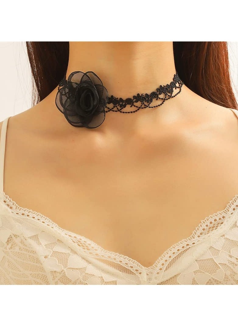 SYOSI Black Choker Necklace Camellia Flower Lace-up Necklace For Women Girls Lace Velvet Collar Choker Wedding Party Summer Necklaces Long Ribbon Vintage Big Flower  Costume Jewelry Accessories  - Image 3