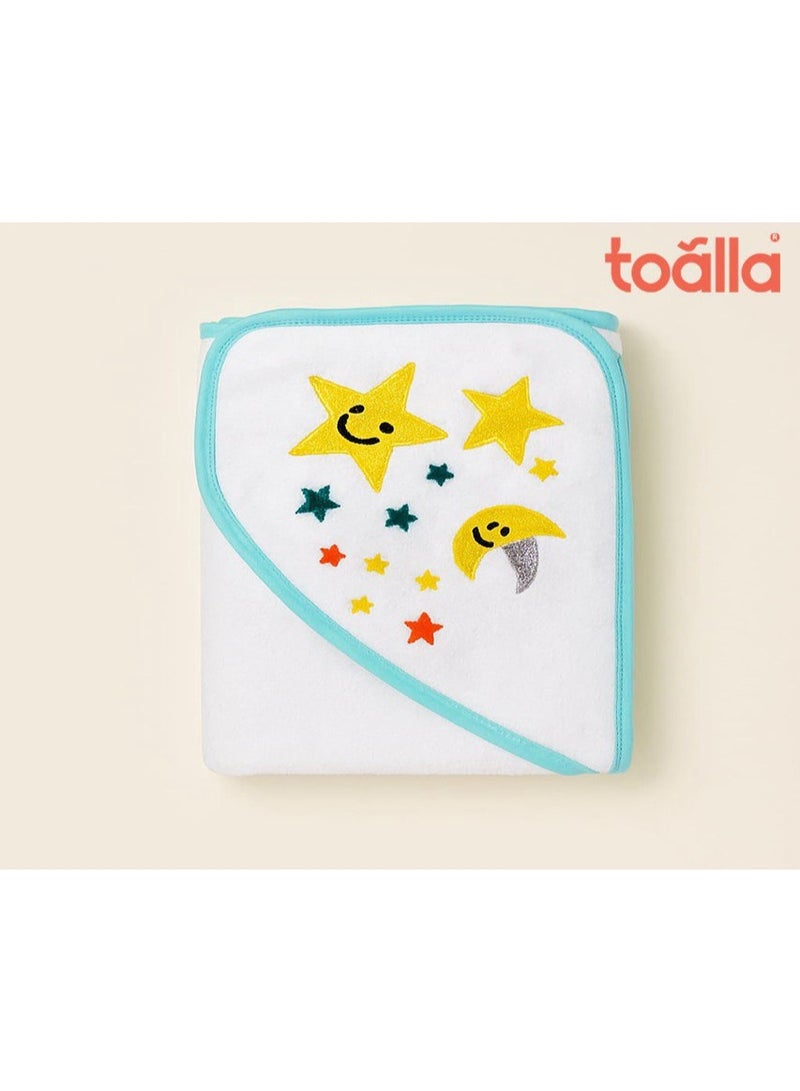 toãlla "Baby hooded bath towel white color with turqoise outline, Colorful embroidery with fun designs , 100% natural cotton, quick-drying, soft on the skin, 75*75 cm" - Image 2