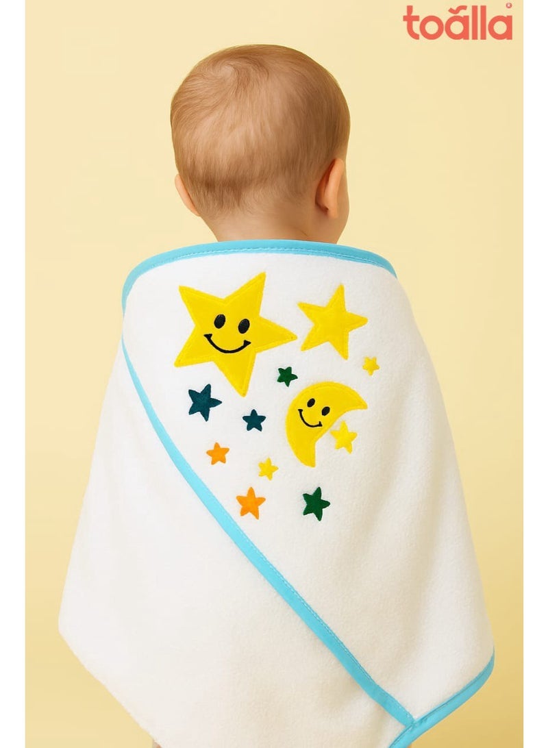 toãlla "Baby hooded bath towel white color with turqoise outline, Colorful embroidery with fun designs , 100% natural cotton, quick-drying, soft on the skin, 75*75 cm" - Image 1