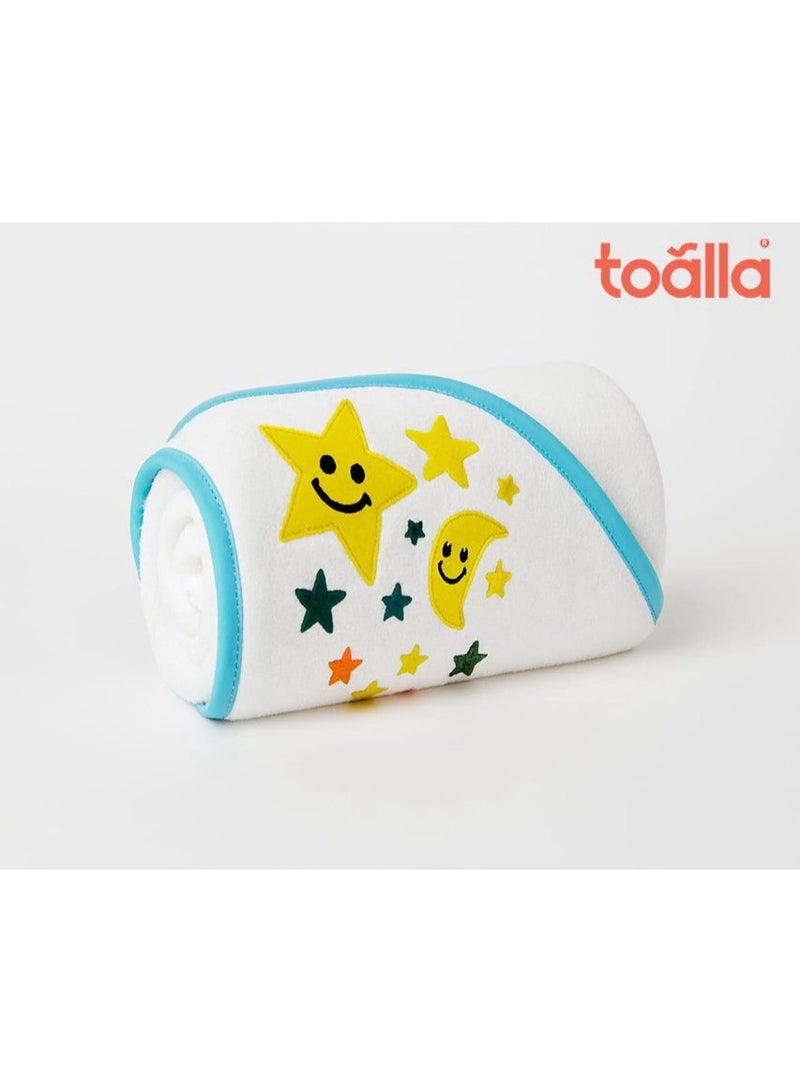 toãlla "Baby hooded bath towel white color with turqoise outline, Colorful embroidery with fun designs , 100% natural cotton, quick-drying, soft on the skin, 75*75 cm" - Image 3