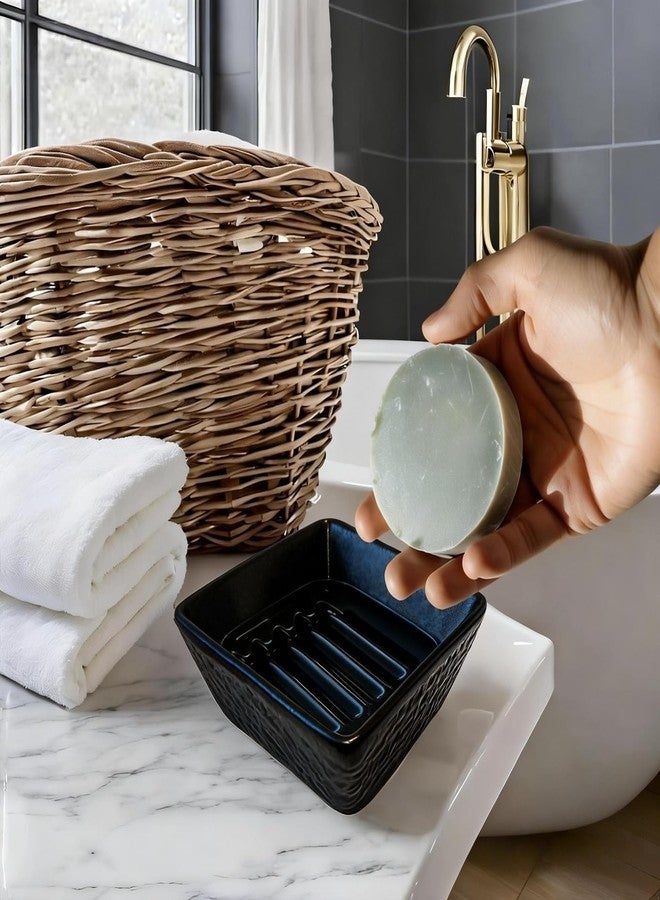 Vonpri Ceramic Soap Dish, Vonpri Soap Holder Tray, Non-Slip Shower Soapbox Container for Handmade Bar Bathroom Sink, Countertop (Black, 3.5inch, Stone Texture) - Image 2