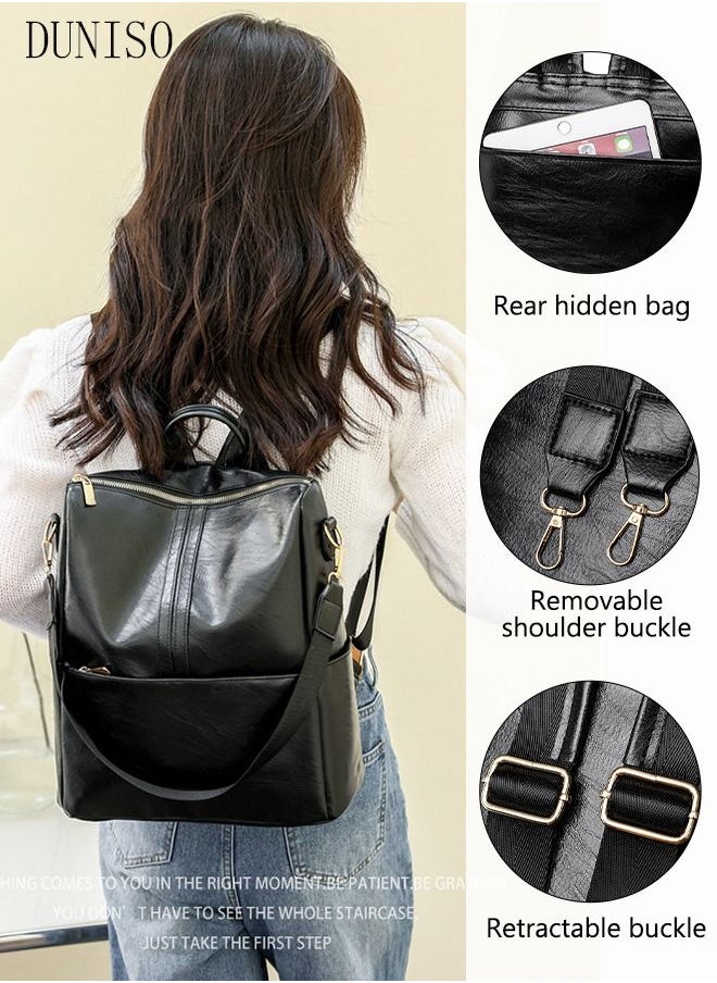 DUNISO Vintage Travel Backpack For Women  Faux Leather Large Capacity School Backpack Anti Theft Double Shoulder Backpack For College Girls Students Black  - Image 2