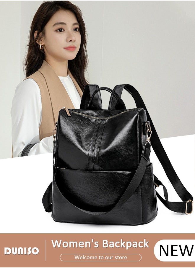 DUNISO Vintage Travel Backpack For Women  Faux Leather Large Capacity School Backpack Anti Theft Double Shoulder Backpack For College Girls Students Black  - Image 1