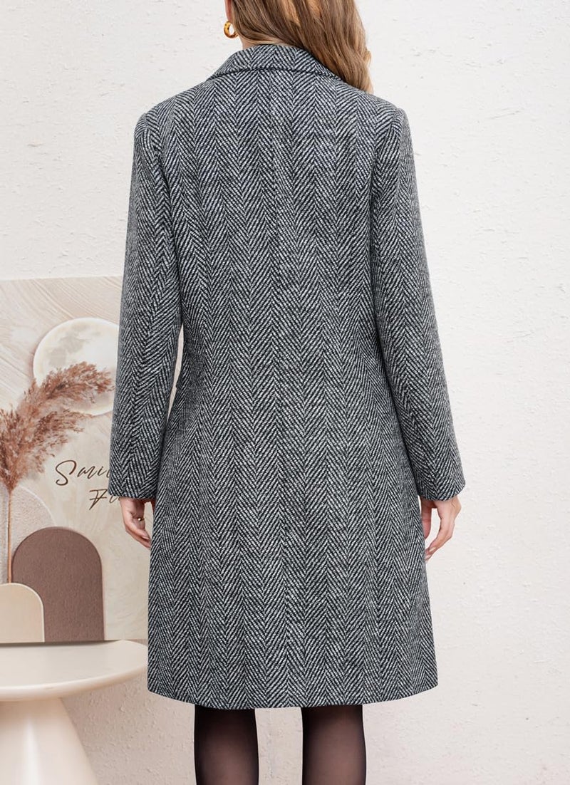 chouyatou Women's Winter Casual Herringbone Wool Coat Double Breasted Notch Collar Dressy Long Trench Coat (X-Large, Grey) - Image 3