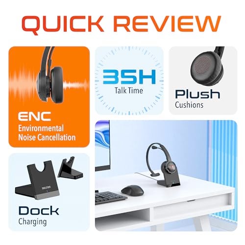 Delton Noise Canceling Bluetooth Computer Headset with Charging Dock, Wireless Headset for Laptop/PC/iMac/Tablet/Smartphones, Compatible with MS Teams, Zoom, Google Meet, Slack and More - Black - Image 4