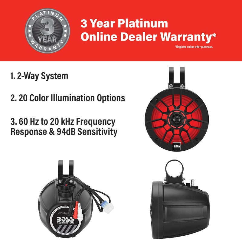 BOSS AUDIO SYSTEMS BOSS Audio Systems MPWT60RGB Marine ATV UTV Roll Cage Waketower Speaker Pods - 600 Watts of Power Per Pair, 6.5 Inch, Full Range, 2 Way, IPX6 Weatherproof, Sold in Pairs, RGB Illumination  - Image 2