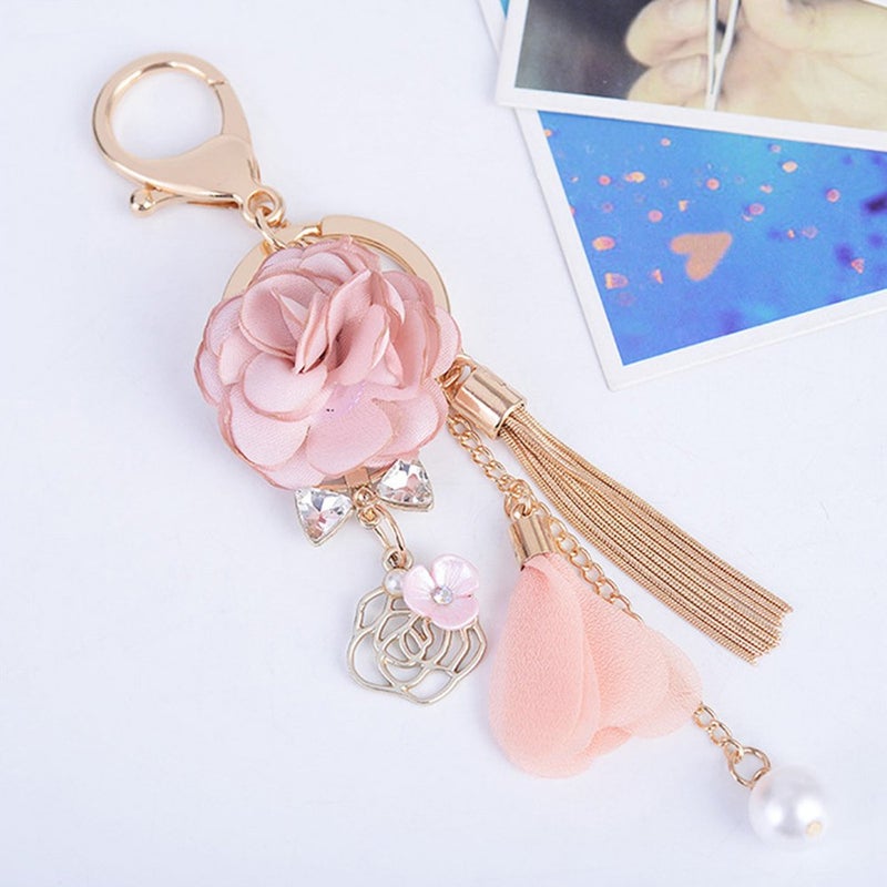 ZOONAI Flower Tassel Keychain Pearl Car Keyring Holder Purse Handbag Pendant (Blue) - Image 3