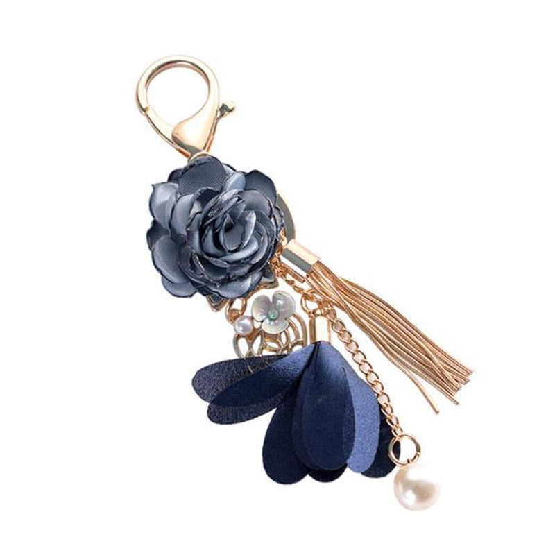 ZOONAI Flower Tassel Keychain Pearl Car Keyring Holder Purse Handbag Pendant (Blue) - Image 1