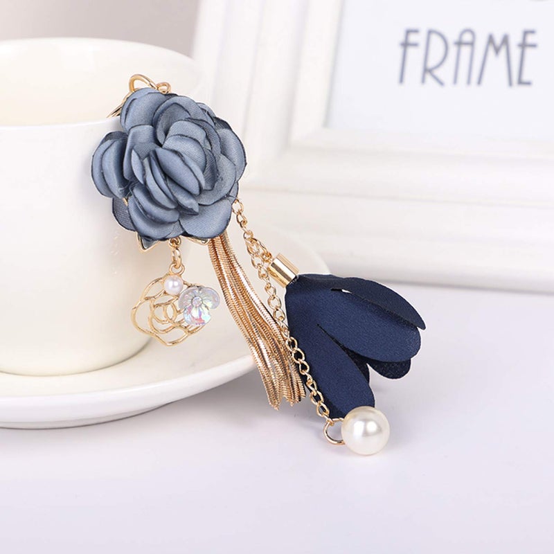 ZOONAI Flower Tassel Keychain Pearl Car Keyring Holder Purse Handbag Pendant (Blue) - Image 2