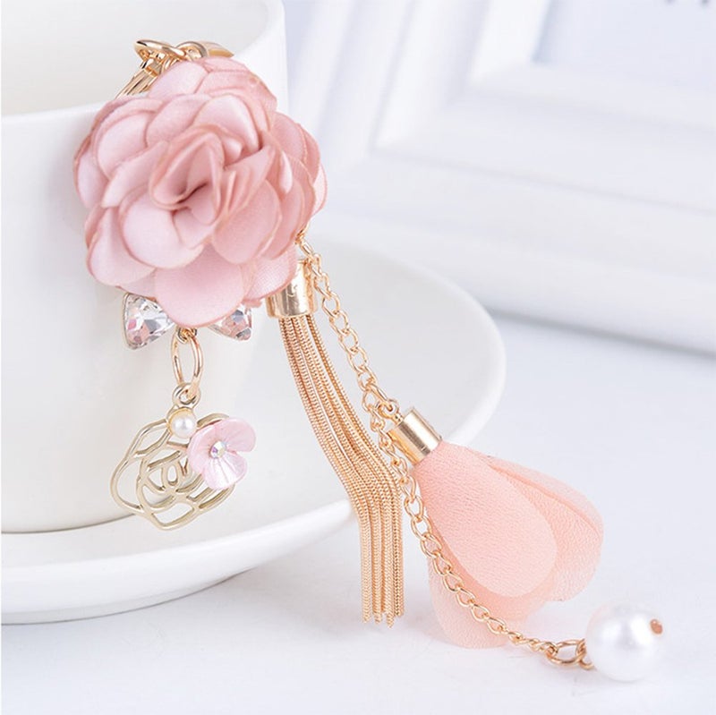 ZOONAI Flower Tassel Keychain Pearl Car Keyring Holder Purse Handbag Pendant (Blue) - Image 4