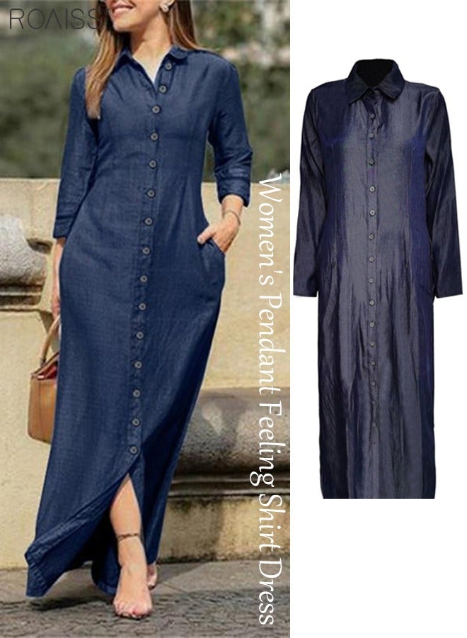 roaiss Women's Casual Shirt Dress Loose Fit Button Closure Dress With Pockets On Both Sides Lightweight Long Dress - Image 2