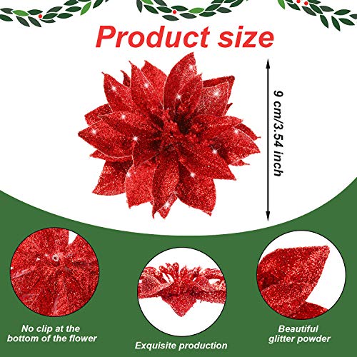 Gejoy Christmas Poinsettia Flowers Artificial Glitter Poinsettia Christmas Tree Ornaments Decorative Floral Accessories for Xmas Home Front Door Decorations 36 Red - Image 3
