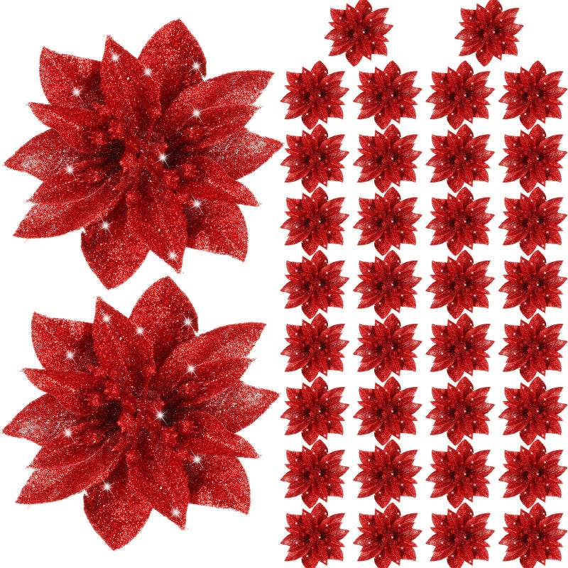 Gejoy Christmas Poinsettia Flowers Artificial Glitter Poinsettia Christmas Tree Ornaments Decorative Floral Accessories for Xmas Home Front Door Decorations 36 Red - Image 2