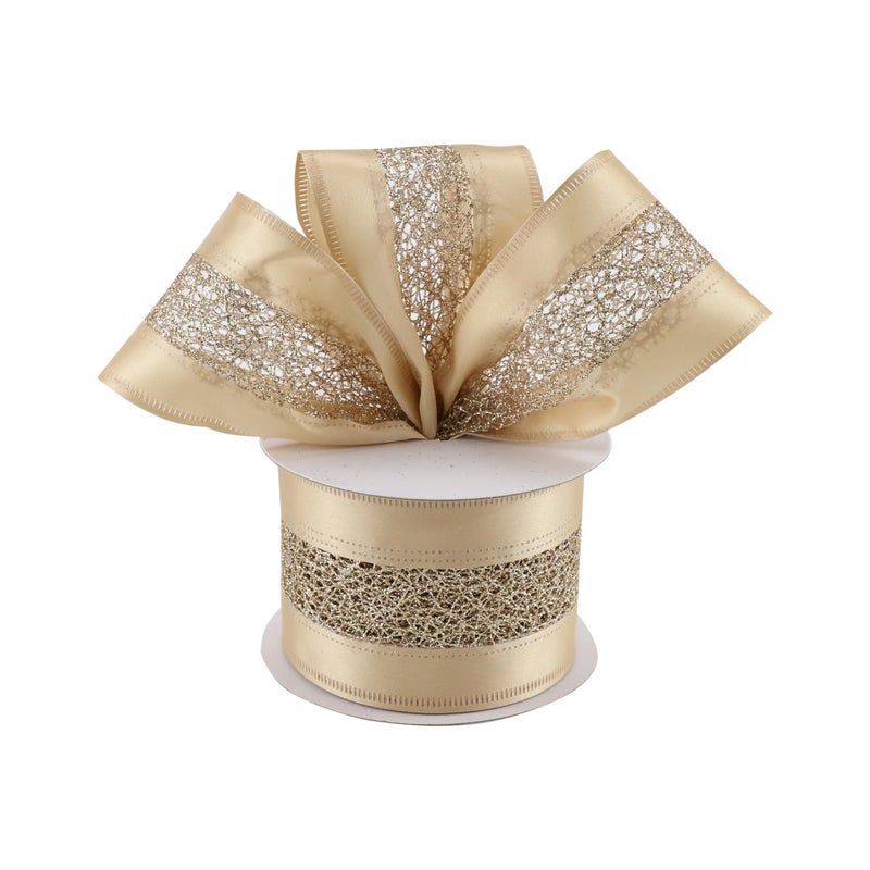 DINDOSAL Champagne Gold Christmas Ribbon 25 x 10 Yard Wired Satin With Glitter Mesh for Tree Topper Bows Wreaths Crafts Home Decor Gift Wrapping