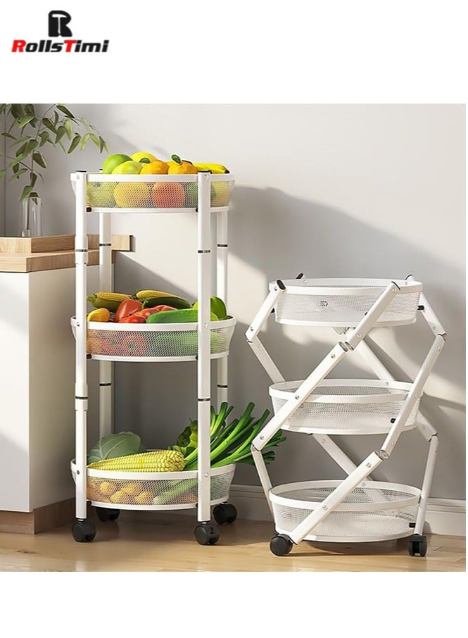 RollsTimi  Storage Trolley, 3-Tier Metal Rolling Cart with Baskets and Lockable Wheels, Vegetable Rotating Storage Rack for Living Room and Bathroom, White - Image 1