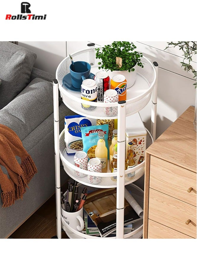 RollsTimi  Storage Trolley, 3-Tier Metal Rolling Cart with Baskets and Lockable Wheels, Vegetable Rotating Storage Rack for Living Room and Bathroom, White - Image 2