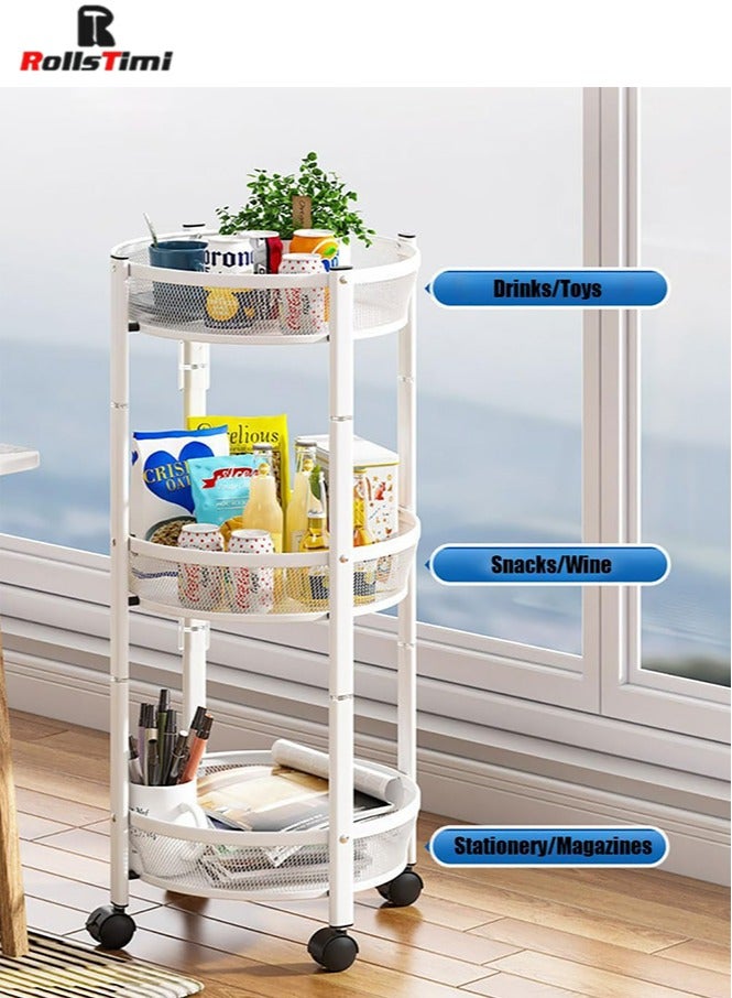 RollsTimi  Storage Trolley, 3-Tier Metal Rolling Cart with Baskets and Lockable Wheels, Vegetable Rotating Storage Rack for Living Room and Bathroom, White - Image 3