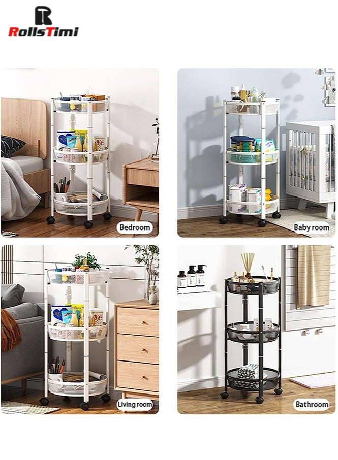 RollsTimi  Storage Trolley, 3-Tier Metal Rolling Cart with Baskets and Lockable Wheels, Vegetable Rotating Storage Rack for Living Room and Bathroom, White - Image 5