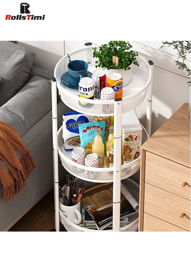 RollsTimi  Storage Trolley, 3-Tier Metal Rolling Cart with Baskets and Lockable Wheels, Vegetable Rotating Storage Rack for Living Room and Bathroom, White - Image 4