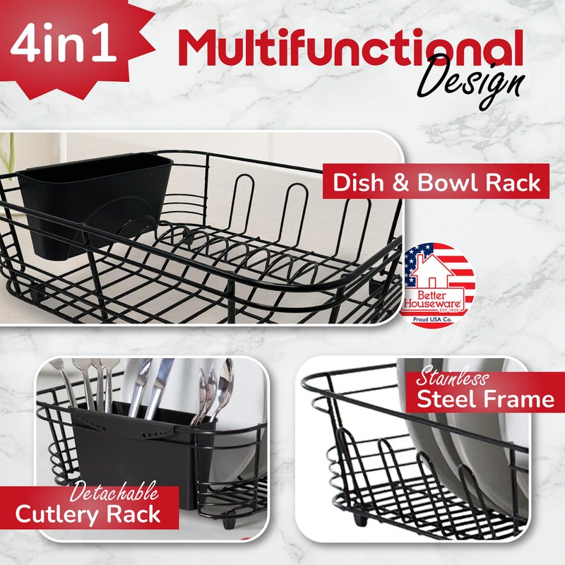 Better Houseware in Sink Dish Drying Rack, Dish Drying Rack in Sink with Non-Slip Handles, Stainless Steel Space-Saving Design, 2-Piece Set with Utensil Holder, 14.5 x 13 x 5 Inch, Black - Image 4