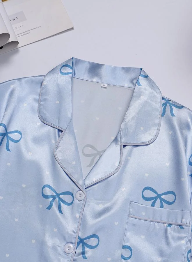Take Two Blue Bow Print Shirt and Shorts Pajama Set
