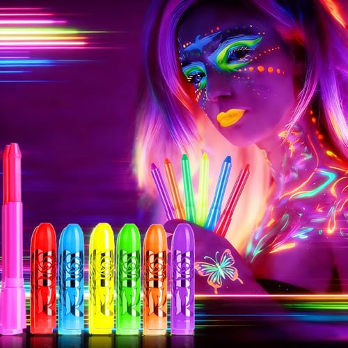 Moonear Glow in The Black Light Face Paint Crayons Kit, UV Black Light Makeup Neon Face and Body Paint Sticks Markers for Mardi Gras Halloween Masquerades Makeup - Image 1