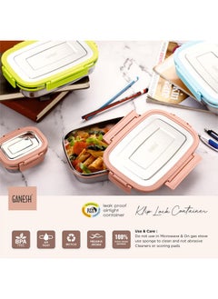 GANESH GANESH Craze Stainless Steel Tiffin Lunch Box Container/Dabba with 4 Side Clip Lock Lid for Office & School Use/Food Grade/Air Tight/Easy to Carry/Leak Proof(650ml 1pc + 140ml 1 Pc) Green  - Image 3