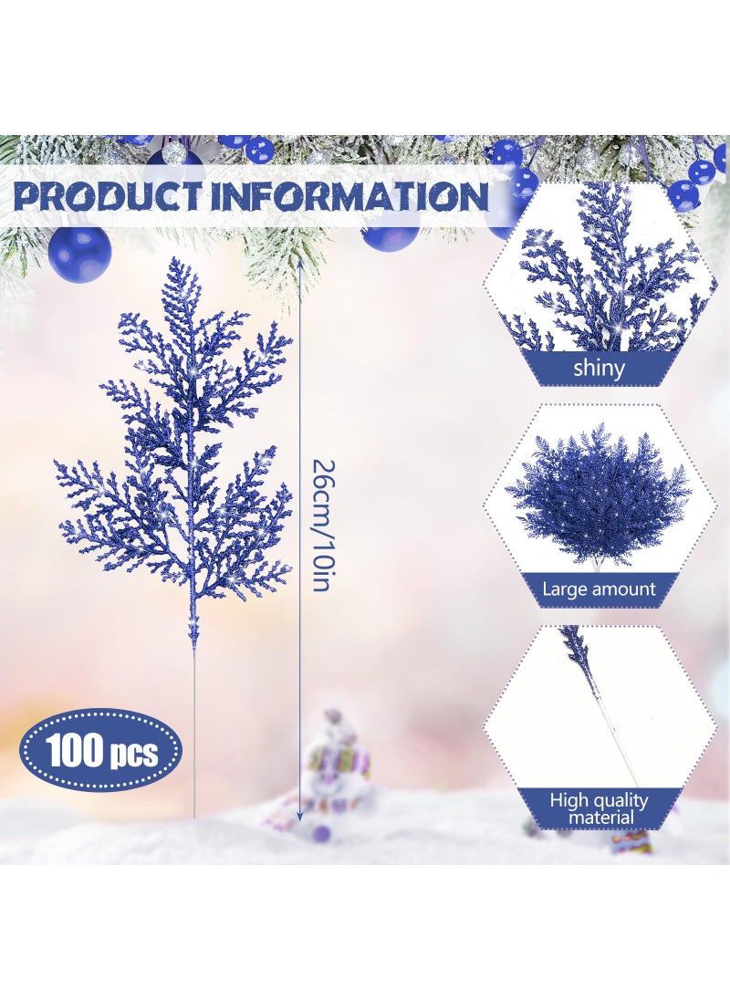 Cindeer Cindeer 100 Pcs Christmas Tree Picks Sprays 10.24 Inch Glitter Artificial Pine Leaves Cedar Stems Faux Pine Needles Greenery Cedar Branches Ornament for Home Garland Wreath Winter Decor(Navy Blue)  - Image 2